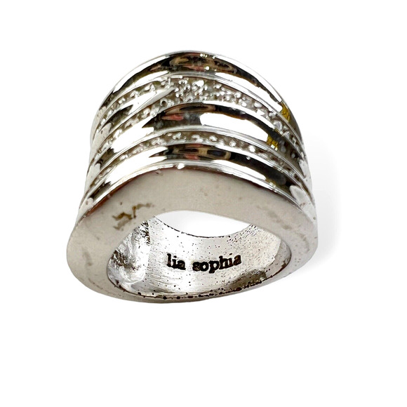 Lia Sophia Revved Up Ring Silver Tone Wide Band Wavy Rows Faux Rhinestones 7 - Picture 5 of 9